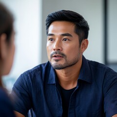 Fototapeta premium A close-up portrait of a man attentively listening during a conversation, capturing a moment of focus and engagement in a professional setting. The image highlights intensity and thoughtfulness.