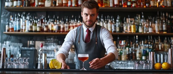 Skilled bartender in formal attire preparing a cocktail at a well stocked bar, demonstrating expertise in mixology amidst an array of spirits and glassware