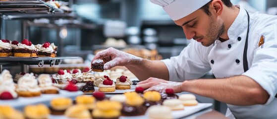 Skilled pastry chef in white uniform meticulously decorates delicate pastries with raspberries in a professional kitchen, showcasing culinary artistry