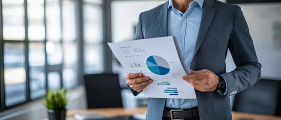 Fototapeta premium Professional in blue suit examining financial reports with charts and graphs in a modern office, showcasing business analysis and strategic planning