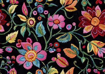 Seamless vibrant floral embroidery pattern with intricate colorful details