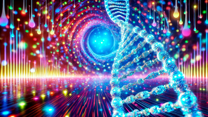A vibrant, futuristic depiction of a glowing DNA strand in a tunnel of swirling lights and colours, with drops of liquid suspended above, creating a mesmerizing, sci-fi visual experience.