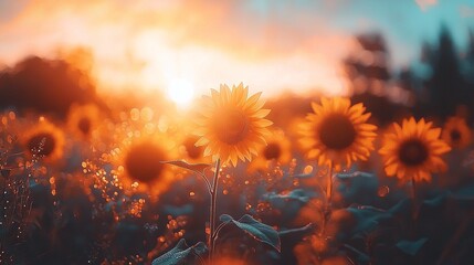   At sunset, a sunflower field is bathed in golden light from the clouds above and the sun setting in the sky