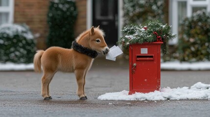 An adorable pony and a girl in matching winter outfits joyfully exchange letters by a red post box covered in snow, surrounded by festive decorations during Christmas