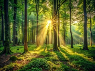 Fototapeta premium Vintage Forest Sun Rays - Captivating Light Beams in Nature