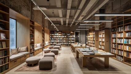 Cozy and modern artistic bookstore with exposed wooden shelves