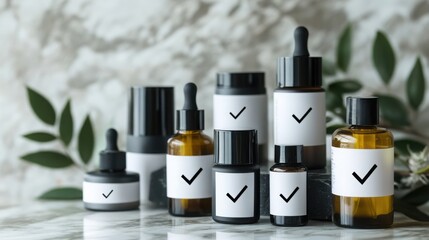 Fototapeta premium A stylish arrangement of trending skincare products with a prominent tick symbol on each label