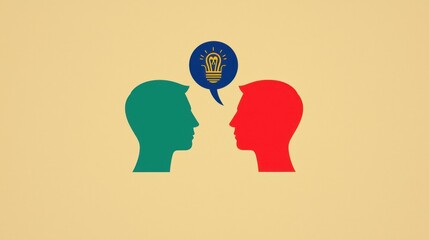 Two silhouettes facing each other with a blue speech bubble showing a light bulb 