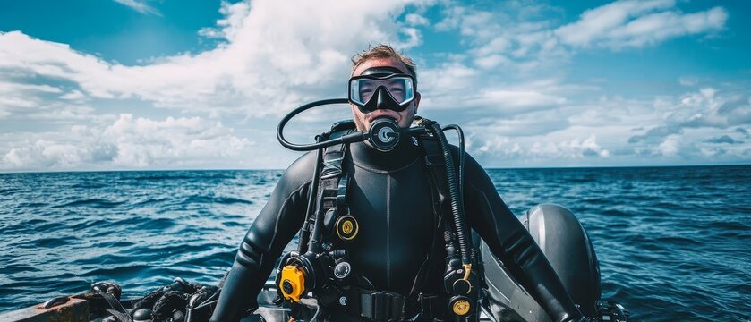 Scuba diver equipped with full gear on boat against blue sky and ocean, prepared for an exciting underwater exploration