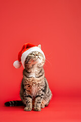 Tabby cat on red background in Santa Claus hat with copy space