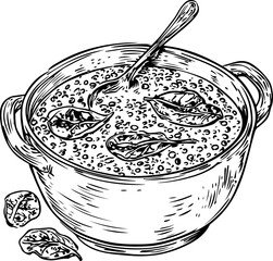 Sketch Style Vector of a Soup Bowl: Illustrates a pot filled with broth, leaves, and a spoon, perfect for culinary designs and recipe books.