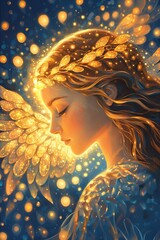 Serene angelic figure with glowing wings and halo.
