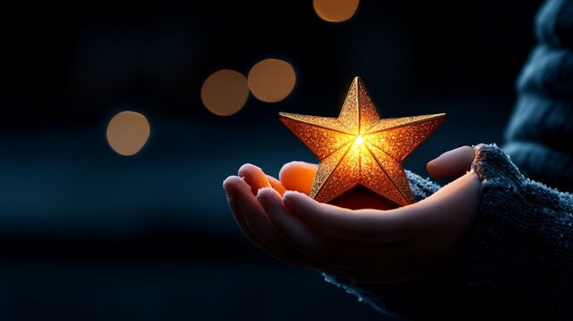 Starlight Dreams: Child's hands gently cradling a glowing star, symbolizing hope, wonder, and the magic of the holiday season. A poignant image perfect for Christmas cards, winter blogs.
