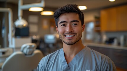 Fototapeta premium A young dental professional smiles confidently in a modern dental clinic during daytime