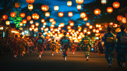 Awa Odori with a line of dancers wearing brightly colored yukata, dynamic and synchronized dance movements, crowds of people on the side of the road watching, Ai generated images