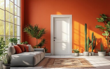 Modern living room with vibrant orange wall, white door, and lush indoor plants creating a bright and inviting atmosphere