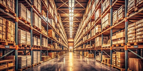 Fototapeta premium Vintage Interior View of a Vast Warehouse with High Shelving and Palletized Goods