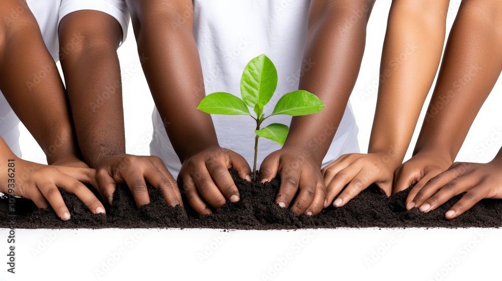 Poster hands protecting a sapling: a powerful image of unity and responsibility, symbolizing the collective
