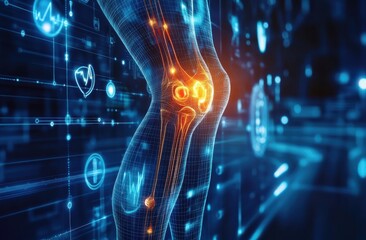 Obraz premium Futuristic medical illustration of human knee joint in blue tones with highlighted pain areas and digital interface