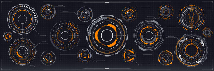 Futuristic digital technology HUD elements, cyber UI interface vector graphic. Abstract circles of future tech control panel, Sci Fi game head up display holograms with round orange frames © Buch&Bee
