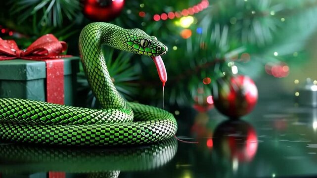 A green snake is curled up next to a green box