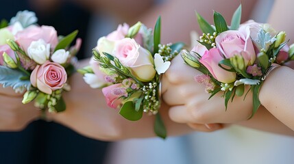 Flowers used for tying around the wrists of bridesmaids at weddings.