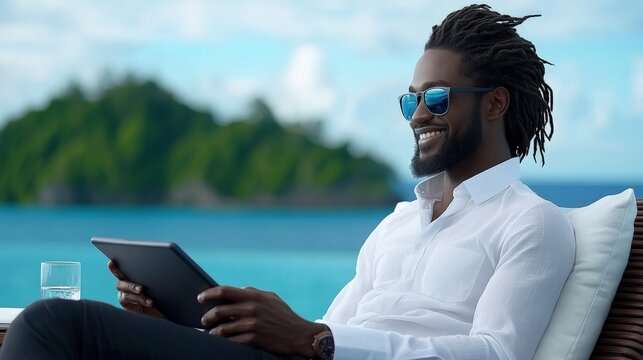 Tropical Tranquility: A man with dreadlocks and sunglasses enjoys a relaxing moment on a tropical vacation, checking emails on his tablet while basking in the serene beauty of the ocean view.  