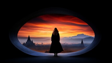Silhouette of Hope: A solitary figure stands silhouetted against a breathtaking sunrise, gazing out at a distant landscape shrouded in mist. The scene evokes a sense of tranquility, contemplation.