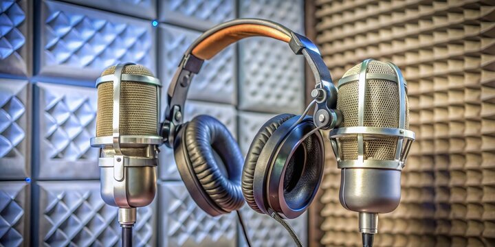 Vintage Microphone and Headphones in a Professional Recording Studio for Karaoke Bar Services