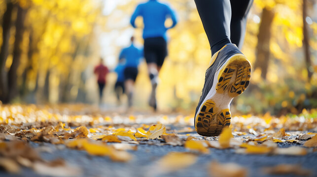 Grupa biegaczy, kt&oacute;ra energicznie trenują na malowniczej trasie w parku.