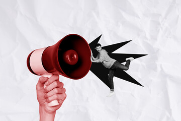 Creative collage young man loudspeaker announce proclaim black friday promotion speech say...