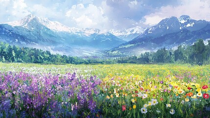 Fototapeta premium A stunning painting depicts a field of vibrant wildflowers against a backdrop of majestic snow-capped mountains