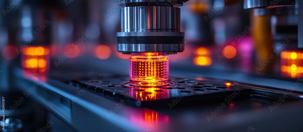 Poster a close-up of advanced machinery processing a transparent object in a high-tech environment.