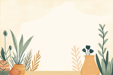 Obraz premium Minimalist plant pots on cream backdrop with space for text