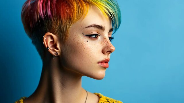 A woman with short, rainbow-colored hair looks to the side while standing against a blue background