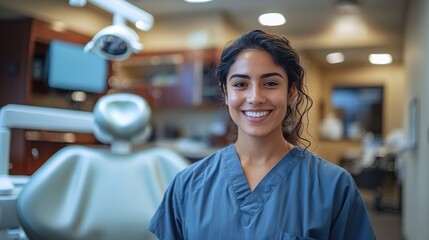 Fototapeta premium A dental professional smiles warmly in a modern clinic setting during a busy work day, showcasing a welcoming atmosphere for patients