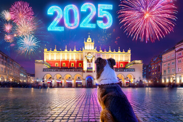 Fototapeta na wymiar pies obserwujący fajerwerki na rynki starego miasta. sylwester i nowy rok 2025
