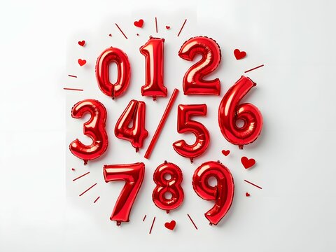 Red number balloons 0 to 9 with heart decorations. Valentine themed red balloon numbers set. Number one to nine balloons