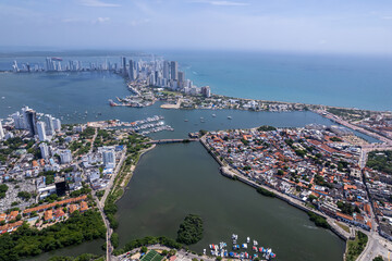 Fototapeta premium Beautiful aerial view of Bocagrande Hotel area in the upmarket area popular for its long, sandy beaches backed by palm-lined promenades0 Cartagena Colombia