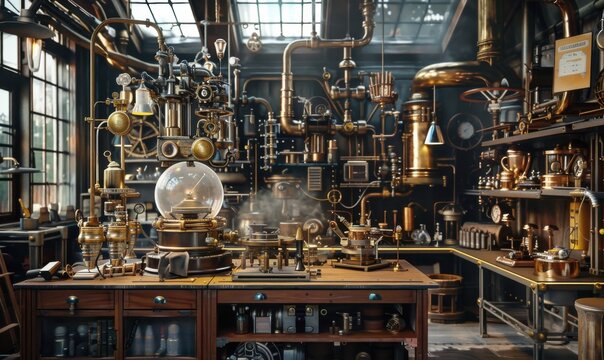 Steampunk inventor's workshop with brass contraptions, 4K hyperrealistic photo