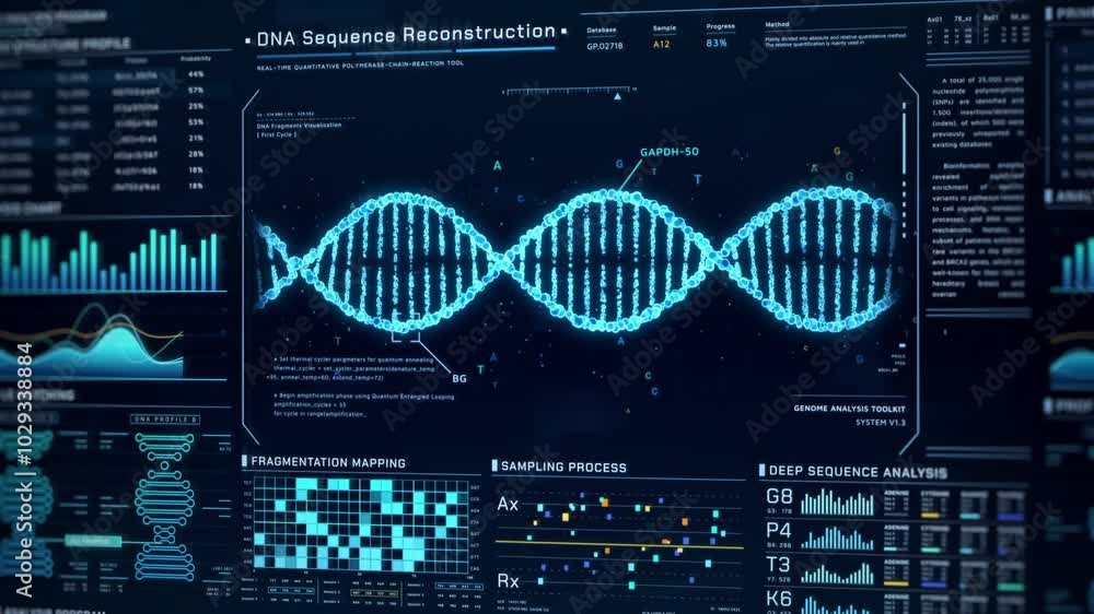 Poster dna helix analysis visualization data, genome sequence ui screen, futuristic genetic engineering lab