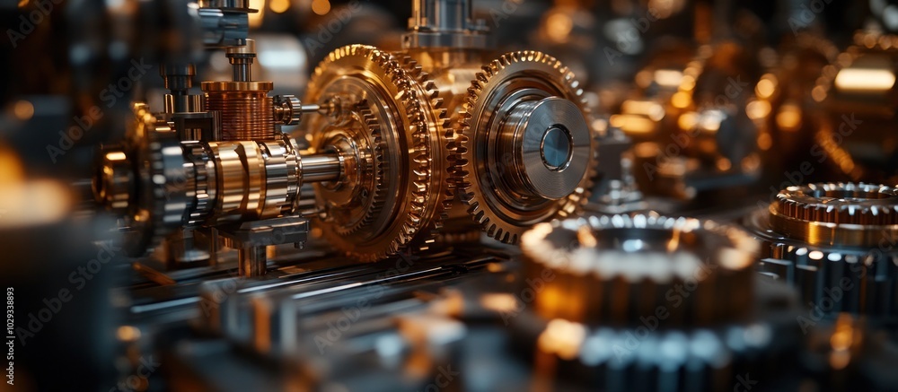 Poster a close-up of intricate metallic gears and machinery components in a mechanical setting.