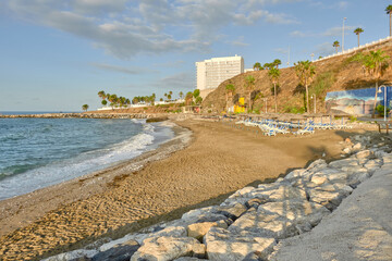 Panoramic view of Torrevigia beach in Benalmadena, Malaga, Andalusia, Spain