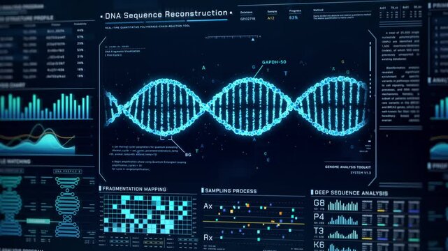 DNA Helix analysis visualization data, genome sequence ui screen, futuristic genetic engineering lab infographic interface, 3D biotechnology scan report dashboard, medical science technology backgound