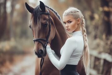 Obraz premium Blonde braided horse girl in a white sport long sleeve top and black leggings