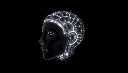 Obraz premium Futuristic human head, black with bright lines. Concept of artificial intelligence. 3D render / rendering isolated with white highlights, png