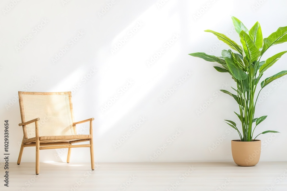 Wall mural minimalist interior with chair and plant in sunlight.