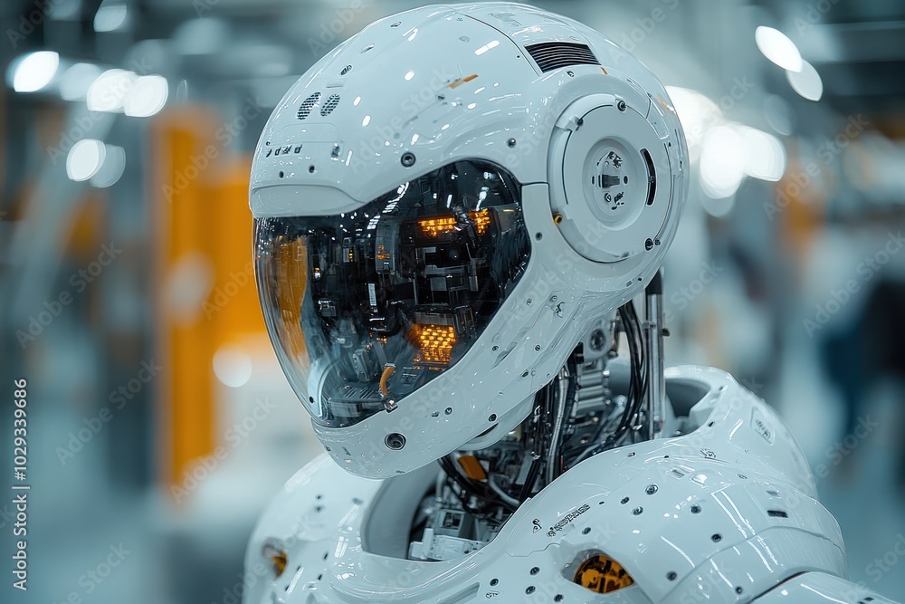 Poster a futuristic humanoid robot with a sleek design and illuminated features.