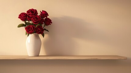 Obraz premium Red roses in a white vase on a wooden shelf against a beige wall