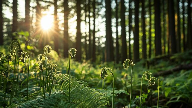 Sunlight shines through the trees in a forest as ferns grow on the forest floor